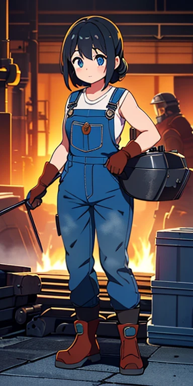 Full body, beautiful eyes , 1 girl  , full body , cute girl , anime style , cute eyes  , (standing up) , (Metalworkers are dressed in heavy-duty overalls and protective gear, including welding masks and gloves. They often have soot-stained clothes and muscular builds, reflecting their hard work in the forges and factories of Ironforge City..) 