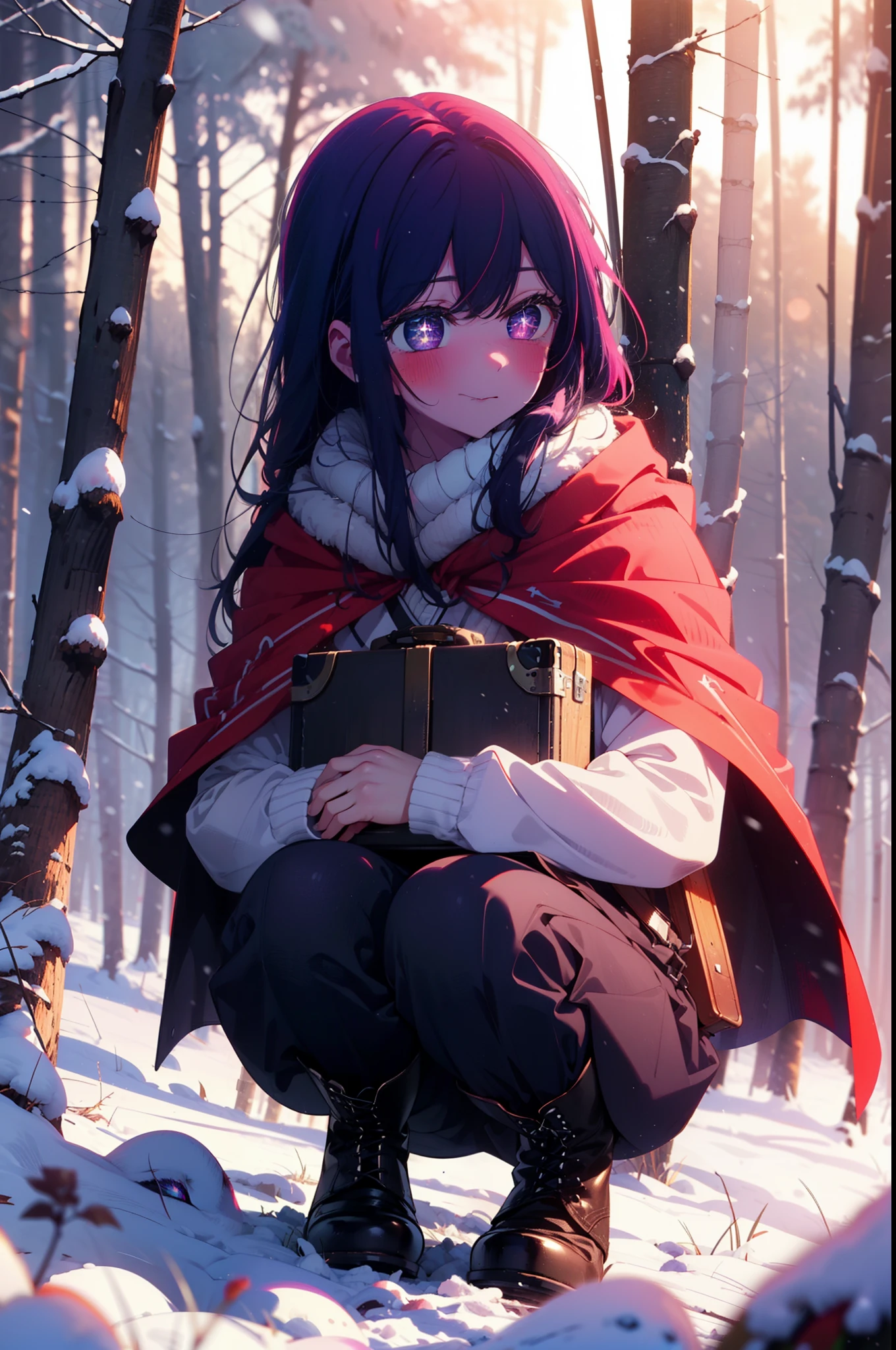 aihoshino, Ai Hoshino, Long Hair, bangs, (Purple eyes:1.1), Purple Hair, (Symbol-shaped pupil:1.5), smile,,smile,blush,white breath,
Open your mouth,snow,Ground bonfire, Outdoor, boots, snowing, From the side, wood, suitcase, Cape, Blurred, , forest, White handbag, nature,  Squat, Mouth closed, Cape, winter, Written boundary depth, Black shoes, red Cape break looking at viewer, Upper Body, whole body, break Outdoor, forest, nature, break (masterpiece:1.2), Highest quality, High resolution, unity 8k wallpaper, (shape:0.8), (Beautiful and beautiful eyes:1.6), Highly detailed face, Perfect lighting, Highly detailed CG, (Perfect hands, Perfect Anatomy),