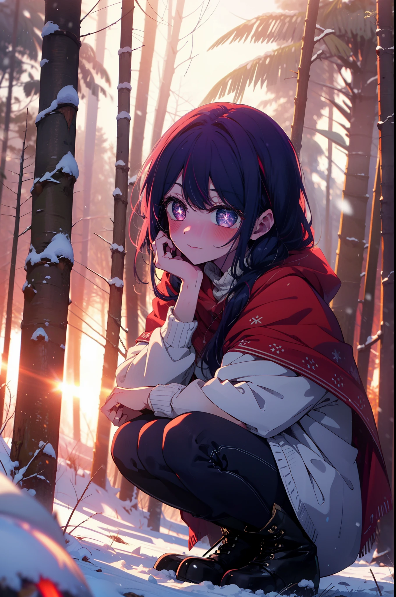 aihoshino, Ai Hoshino, Long Hair, bangs, (Purple eyes:1.1), Purple Hair, (Symbol-shaped pupil:1.5), smile,,smile,blush,white breath,
Open your mouth,snow,Ground bonfire, Outdoor, boots, snowing, From the side, wood, suitcase, Cape, Blurred, , forest, White handbag, nature,  Squat, Mouth closed, Cape, winter, Written boundary depth, Black shoes, red Cape break looking at viewer, Upper Body, whole body, break Outdoor, forest, nature, break (masterpiece:1.2), Highest quality, High resolution, unity 8k wallpaper, (shape:0.8), (Beautiful and beautiful eyes:1.6), Highly detailed face, Perfect lighting, Highly detailed CG, (Perfect hands, Perfect Anatomy),