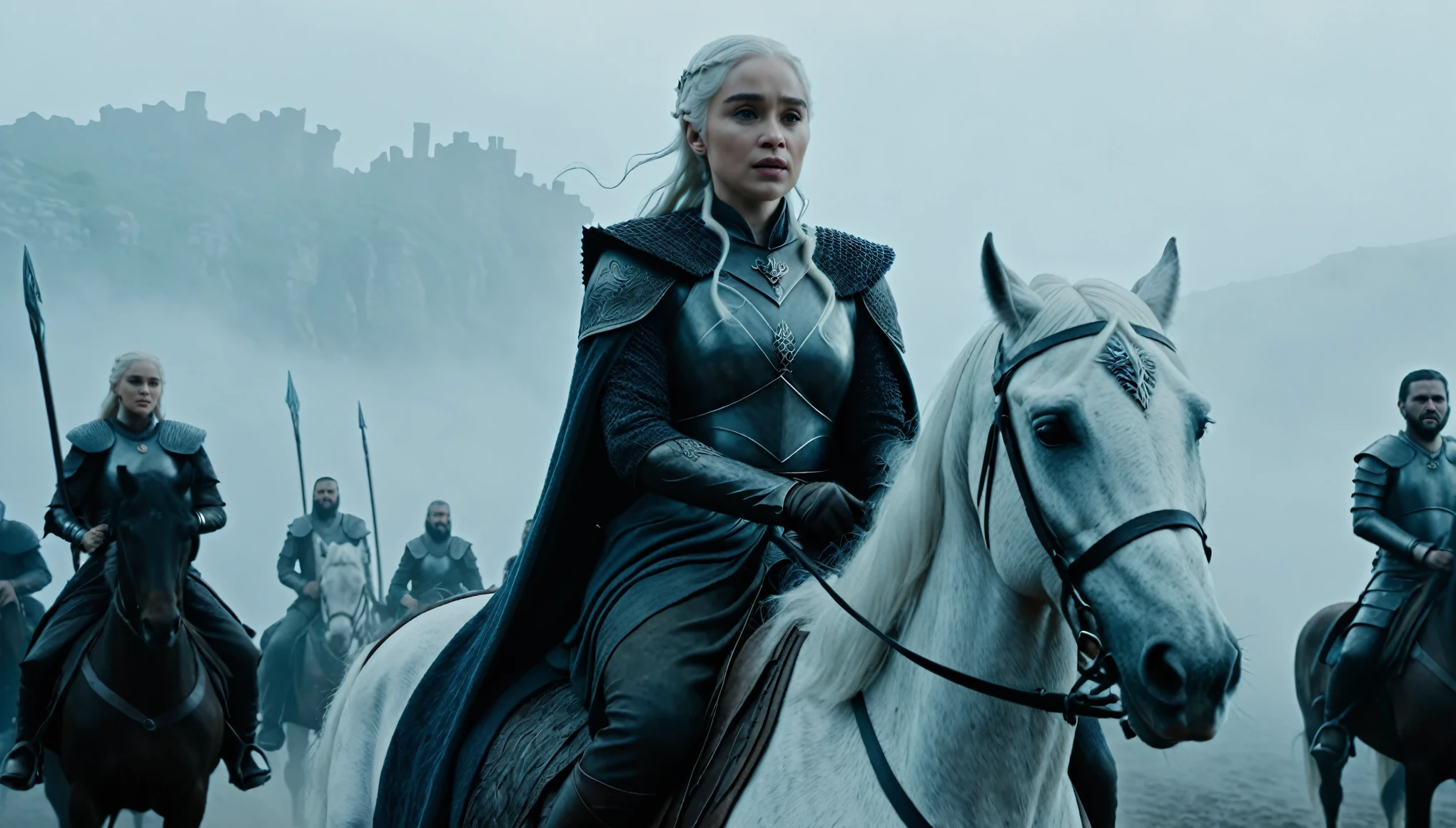 a beautiful woman with white hair, daenerys targaryen, riding a horse, medieval warriors behind her on horses, dramatic game of thrones movie scene, 8k, hyper realistic, cinematic lighting,dramatic lighting, volumetric fog, highly detailed, intricate, masterpiece