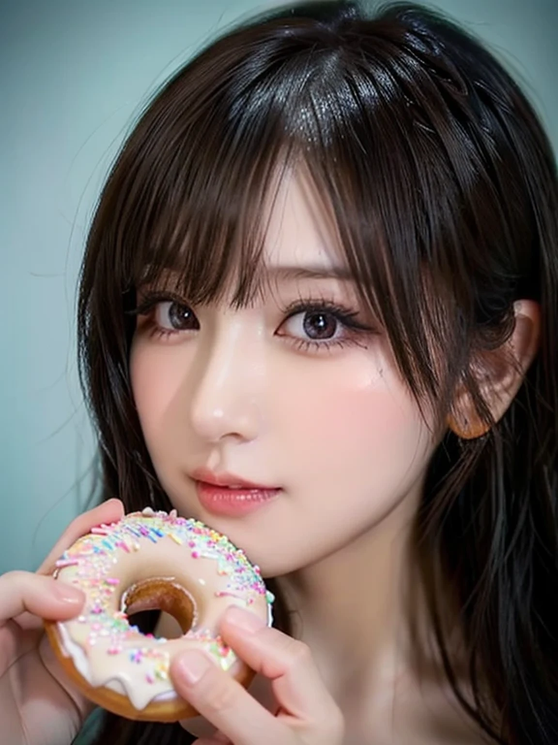Stuffing her cheeks ally, Eating a donut, enchanting eyes, Erotic face, awesome solo, So cute, POV Kiss, Close-up of face, medium side Swept Bangs, sexy face, Ultimate beauty woman, Highly detailed CG, Super detailed, finely detailed, 