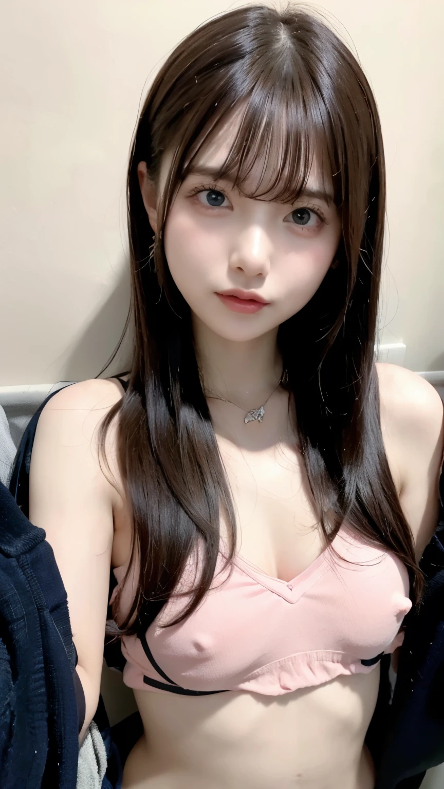 2girls, multiple_girls, breasts, yuri, nipples, oral, cunnilingus, heart, pussy, blush, spoken_heart, brown_hair, tongue, pink_hair, blue_eyes, smile, navel, long_hair, tongue_out, sweat, looking_at_another, bottomless, shirt_lift, closed_mouth, licking, medium_breasts, large_breasts, pussy_juice, clothes_lift, bangs