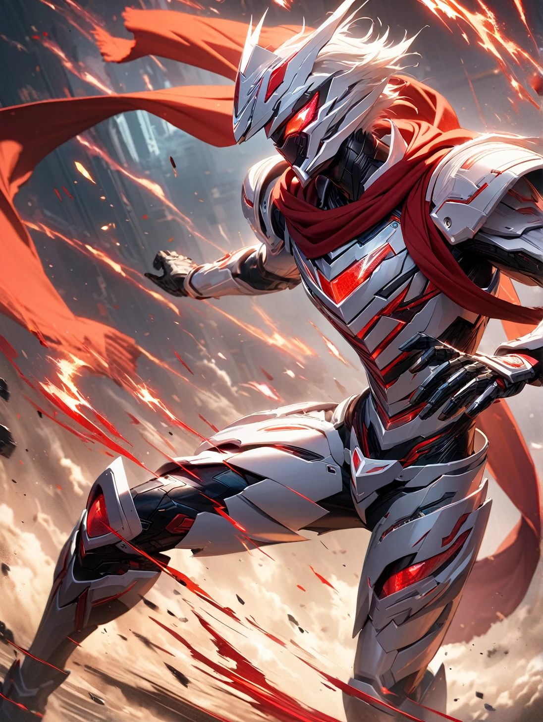 8K resolution, ((highest quality)), ((masterpiece)), ((super detailed)), (very delicate and beautiful), Kamen Rider, Hero, ((Wearing white armor))), with black red armor, wearing a red scarf, A red scarf is waving in the wind, special effects, cool, whole body, dynamic poses,(( close up)), male, man