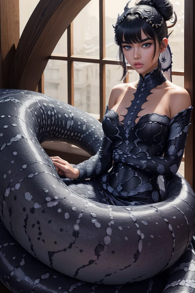 Megan Williams, ultra detailed face, ultra detailed black eyes, hair bangs top knot, (((Lamia, masterpiece)))