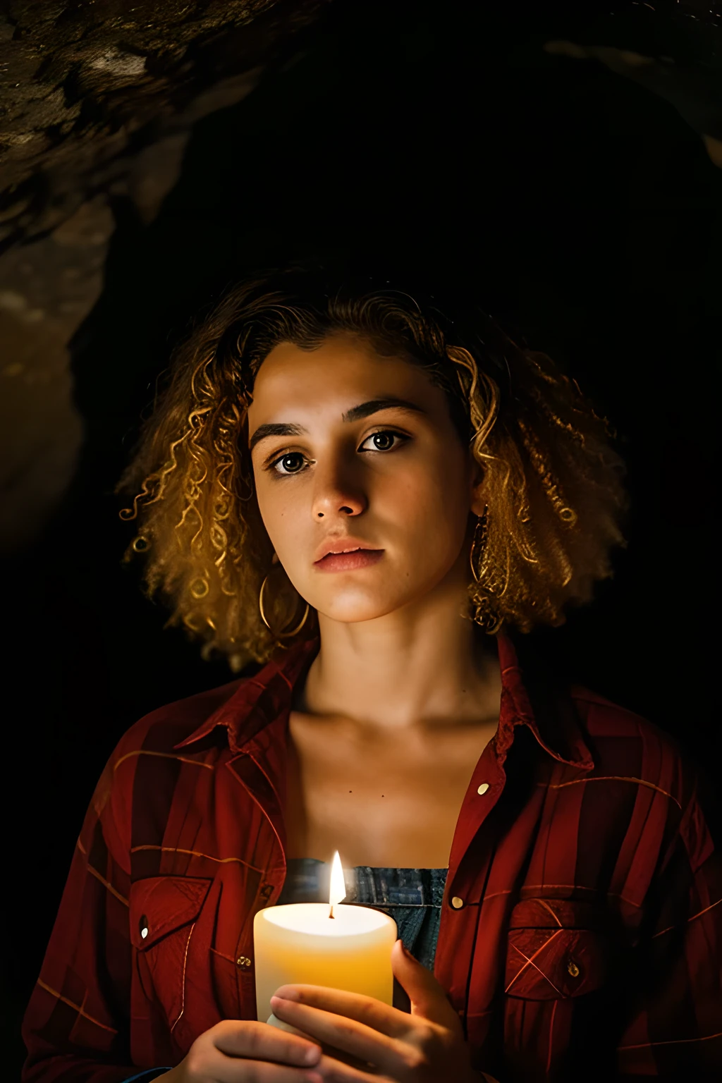 photograph of a woman, (troubled facial expression), textured skin, goosebumps, blonde afro hair, plaid flannel shirt with distressed boyfriend jeans, cowboy shot, dark and mysterious cave with unique rock formations and hidden wonders, perfect eyes, (candlelight,chiaroscuro), Porta 160 color, shot on ARRI ALEXA 65, bokeh, sharp focus on subject, shot by Don McCullin