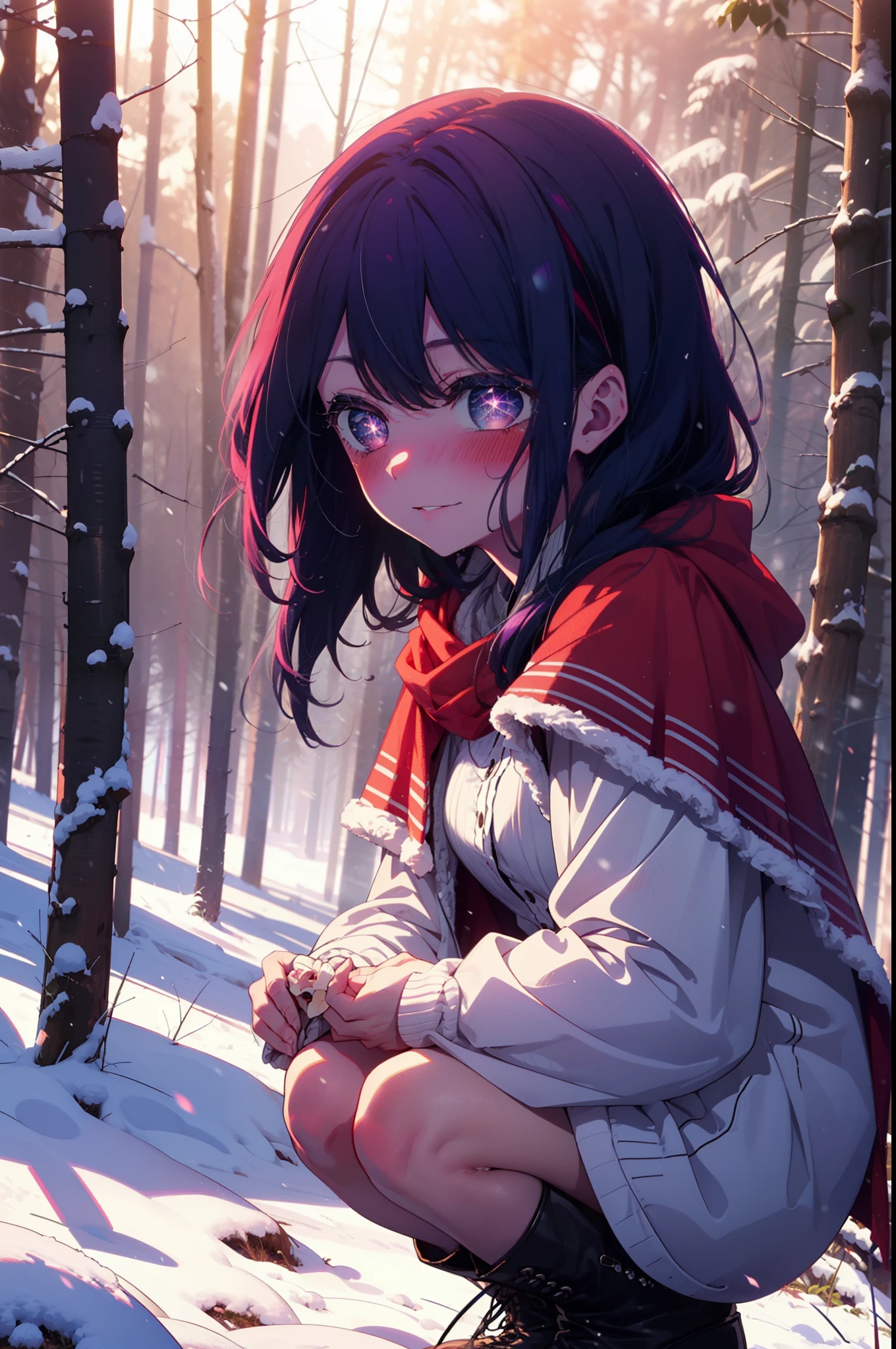 aihoshino, Ai Hoshino, Long Hair, bangs, (Purple eyes:1.1), Purple Hair, (Symbol-shaped pupil:1.5), smile,,smile,blush,white breath,
Open your mouth,snow,Ground bonfire, Outdoor, boots, snowing, From the side, wood, suitcase, Cape, Blurred, , forest, White handbag, nature,  Squat, Mouth closed, Cape, winter, Written boundary depth, Black shoes, red Cape break looking at viewer, Upper Body, whole body, break Outdoor, forest, nature, break (masterpiece:1.2), Highest quality, High resolution, unity 8k wallpaper, (shape:0.8), (Beautiful and beautiful eyes:1.6), Highly detailed face, Perfect lighting, Highly detailed CG, (Perfect hands, Perfect Anatomy),
