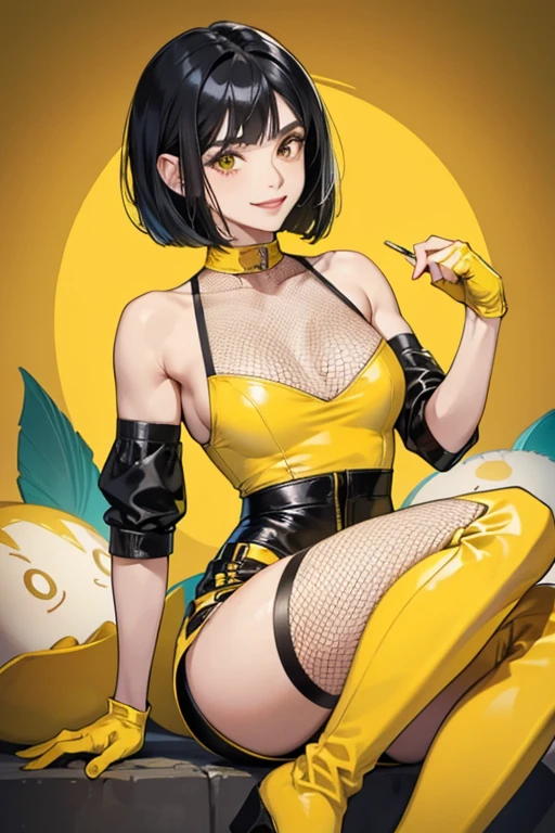 A muscular mature woman with black hair and a bob cut, smiling gently, wearing a yellow enamel tube top, yellow enamel shorts, yellow enamel gloves, yellow enamel knee-high boots, and black fishnet stockings　Round eyes　Narrow eyes　Small Eyes