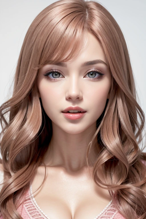 Face of a very beautiful woman with a very pretty pink mouth. The woman's hair is light brown. The woman&#39;s eyes are turquoise blue. The woman&#39;s mouth is a natural pink color. The image highlights the pink mouth 