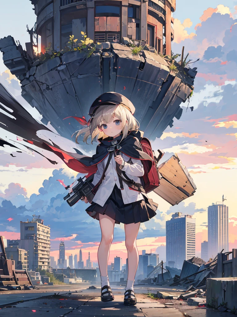 Traveling Girl、Cape、young girl, hat, Ruck sack,Many supply factories and depots、Peaceful summer scene、Traces of an ancient civilisation、People who live there々Appearance、
supply、Runaway drone、Collapsed rubble、A lot of people々、Anime image quality, 