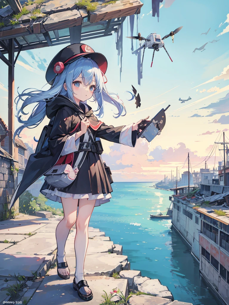 Traveling Girl、Cape、young girl, hat, Ruck sack,Many supply factories and depots、Peaceful summer scene、Traces of an ancient civilisation、People who live there々Appearance、
supply、Runaway drone、Collapsed rubble、A lot of people々、Anime image quality,