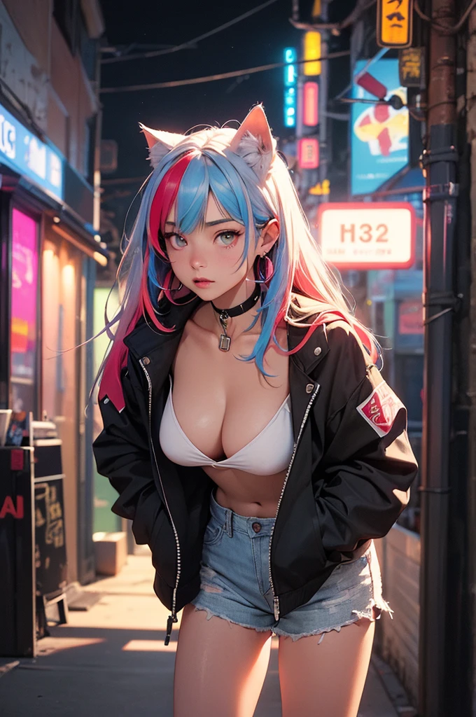 4k,CG Digital rendering,wallpaper,illustration,absurdres,Ultra HD,incredibly absurdres,masterpiece,amazing,finely detail,original,beautiful-detailed eyes,tyndall effect,dynamic angle,cyberpunk city,night,

(1girl:1.5),(solo),((streetwear)),toon,medium breasts,nsfw,shorts,((Sexual suggestion)),(standing),leaning forward,earrings,cat_ears,ribbon choker,(cleavage),((colorful streaked hair)),((( gradient hair))),

neon light,, ((painting, canvas, fine art)), detailedHDR, portrait, 50mm, F/2.8, 1m away，