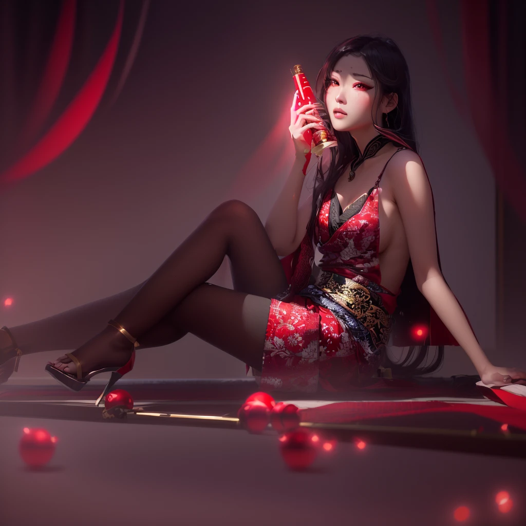 masterpiece, best quality, ultra-detailed, CG illustration, high resolution, better lighting, best shadow, extremely delicate and beautiful, appropriate shading, HD, 8k, ray tracing, hyper detailed and sharp background, perfect lights, anime style, Inspired by the game Mahokenshi: House of Ruby (Tengu, winged mountain kami, aggressive, red and white colors), strength, samuraipunk, solo, 1 woman, black hair, red eyes, adult, obi tassel,