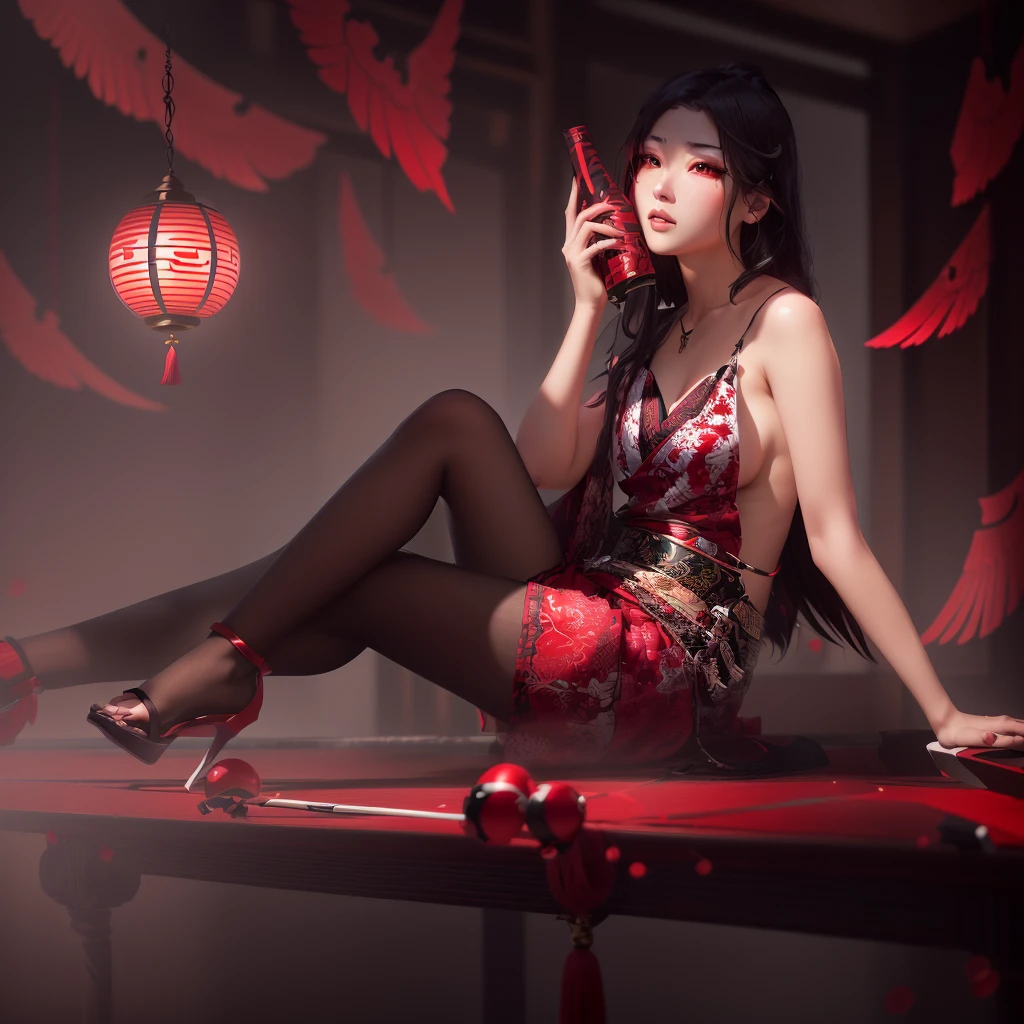 masterpiece, best quality, ultra-detailed, CG illustration, high resolution, better lighting, best shadow, extremely delicate and beautiful, appropriate shading, HD, 8k, ray tracing, hyper detailed and sharp background, perfect lights, anime style, Inspired by the game Mahokenshi: House of Ruby (Tengu, winged mountain kami, aggressive, red and white colors), strength, samuraipunk, solo, 1 woman, black hair, red eyes, adult, obi tassel,