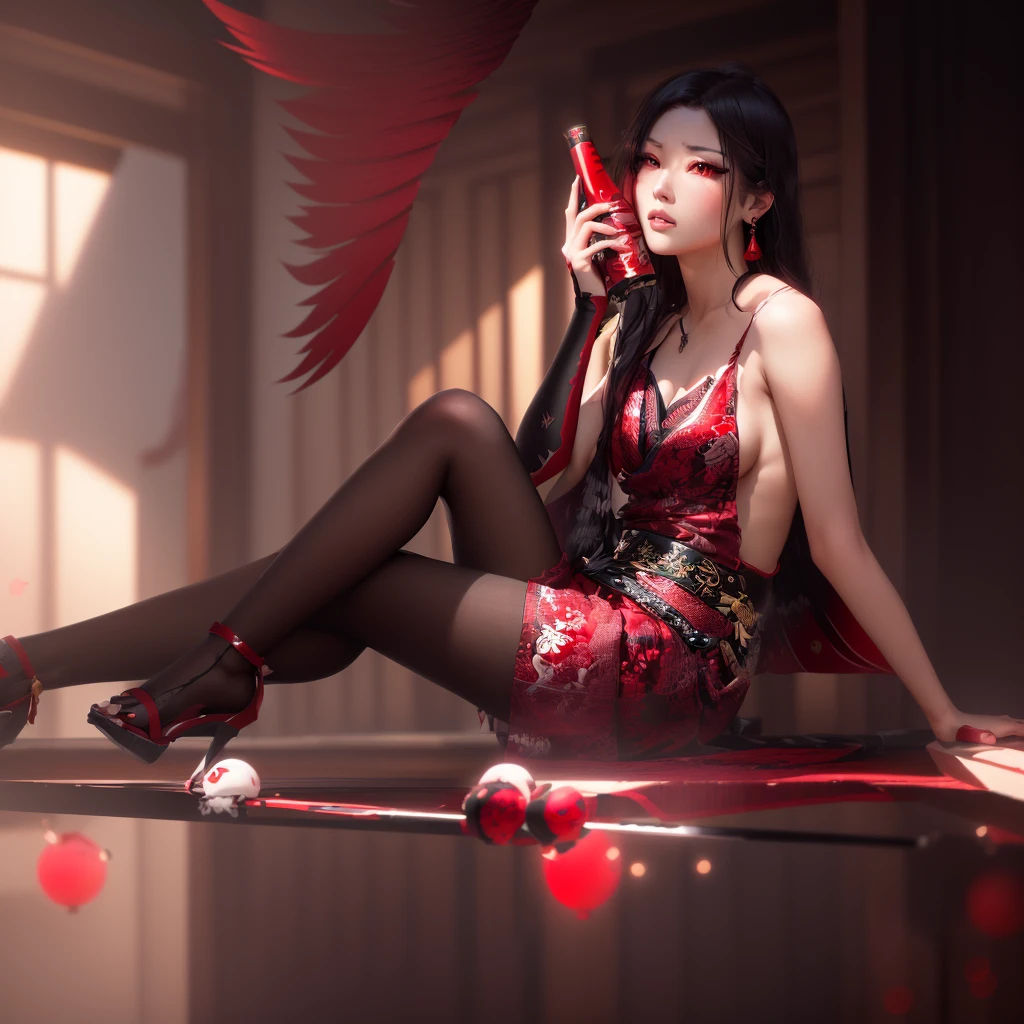 masterpiece, best quality, ultra-detailed, CG illustration, high resolution, better lighting, best shadow, extremely delicate and beautiful, appropriate shading, HD, 8k, ray tracing, hyper detailed and sharp background, perfect lights, anime style, Inspired by the game Mahokenshi: House of Ruby (Tengu, winged mountain kami, aggressive, red and white colors), strength, samuraipunk, solo, 1 woman, black hair, red eyes, adult, obi tassel,