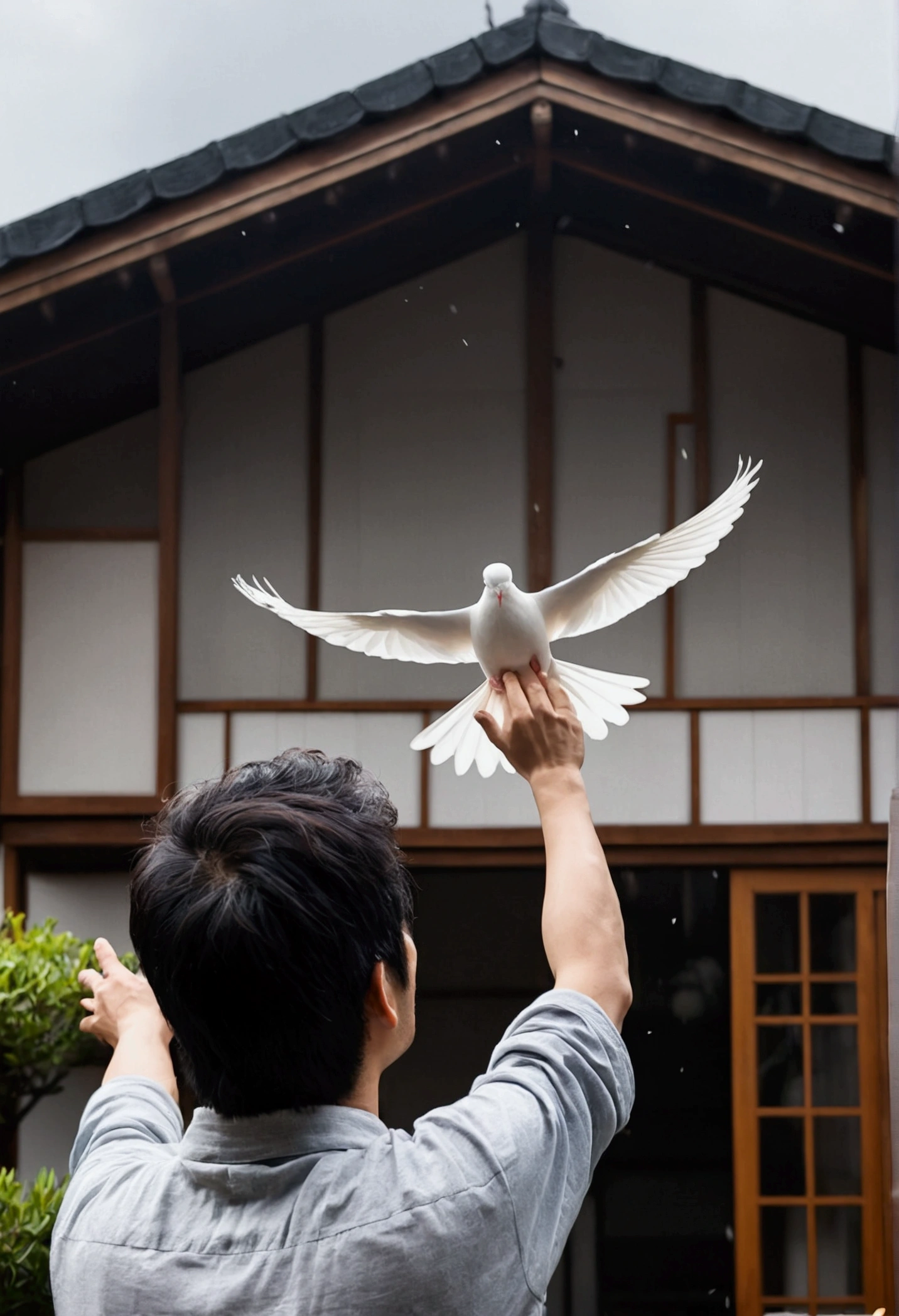 Picture taken from behind of a 30 year old Japanese man releasing a white dove into the sky from his Japanese house porch. The dove has a motion blur as it flies off and the image is grey. It is gloomy weather