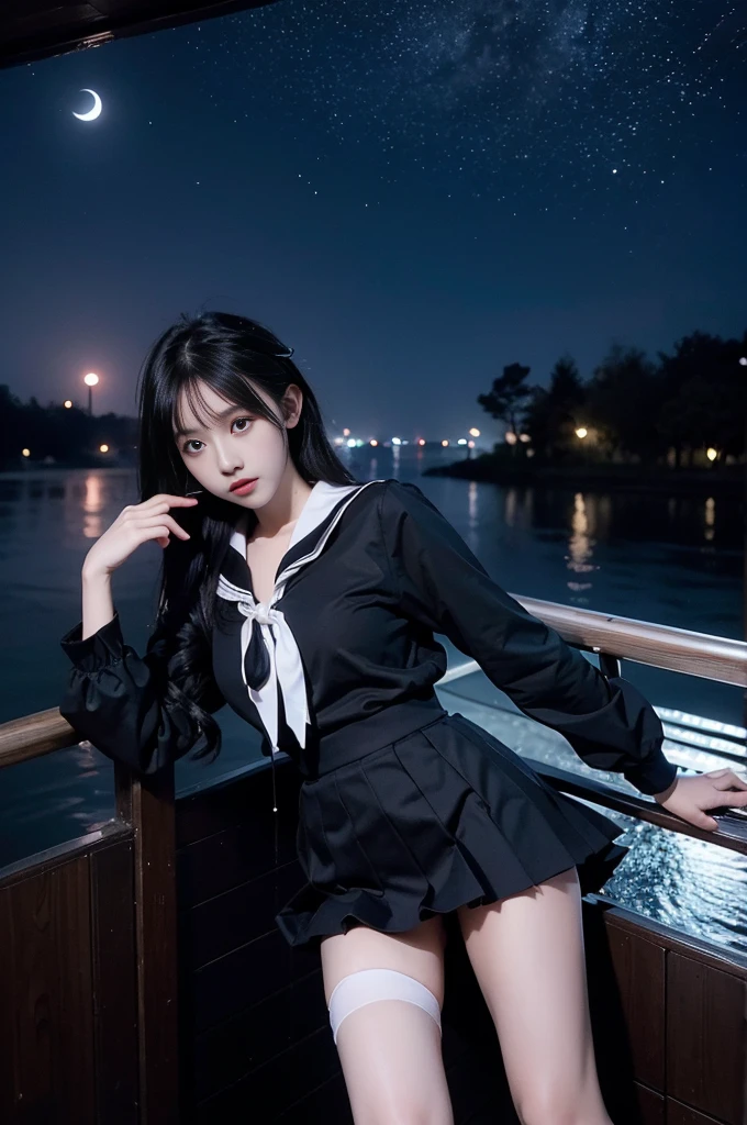 tutututu black black serafuku sailor collar black miniskirt long sleeves, Deep in Wonderland,1girl, Moonlight falls like water,Foggy Room,The heroine's figure is vaguely visible,Like a fairy in a painting,Slender sexy legs,Very beautiful legs,((Large Breasts,Visible cleavage, E cup)),美丽而又带着一丝mystery的色彩。Her face is beautiful and delicate,Showing extraordinary beauty。Twinkling Stars,Show the light of perseverance and wisdom。The bridge of the nose is straight,Cherry lip color,The slightly upturned corners of the mouth reveal confidence and calmness。Clearly defined face,Skin like jade,Reveal healthy glow,Just like fairies, Her makeup is light and delicate,No excessive embellishment,Show her temperament and charm。Light foundation highlights the translucence of the skin,A light eyebrow pencil outlines her perfect eyebrow shape,Eye makeup is eye shadow and eyeliner,Make her eyes brighter、Energetic。嘴唇涂上grace的口红,Add a touch of charm and sophistication。Clothes fluttering。Hair tied haphazardly behind the head,Secure with a jade hairpin,A few strands of hair fluttering gently in the wind,Add a touch of softness。Beautiful landscape,Attracted everyone's attention。Large Breasts美丽、grace、mystery、Full of power。