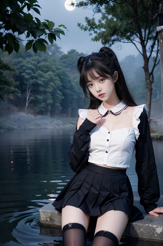 tutututu black black serafuku sailor collar black miniskirt long sleeves, Deep in Wonderland,1girl, Moonlight falls like water,Foggy Room,The heroine's figure is vaguely visible,Like a fairy in a painting,Slender sexy legs,Very beautiful legs,((Large Breasts,Visible cleavage, E cup)),美丽而又带着一丝mystery的色彩。Her face is beautiful and delicate,Showing extraordinary beauty。Twinkling Stars,Show the light of perseverance and wisdom。The bridge of the nose is straight,Cherry lip color,The slightly upturned corners of the mouth reveal confidence and calmness。Clearly defined face,Skin like jade,Reveal healthy glow,Just like fairies, Her makeup is light and delicate,No excessive embellishment,Show her temperament and charm。Light foundation highlights the translucence of the skin,A light eyebrow pencil outlines her perfect eyebrow shape,Eye makeup is eye shadow and eyeliner,Make her eyes brighter、Energetic。嘴唇涂上grace的口红,Add a touch of charm and sophistication。Clothes fluttering。Hair tied haphazardly behind the head,Secure with a jade hairpin,A few strands of hair fluttering gently in the wind,Add a touch of softness。Beautiful landscape,Attracted everyone's attention。Large Breasts美丽、grace、mystery、Full of power。