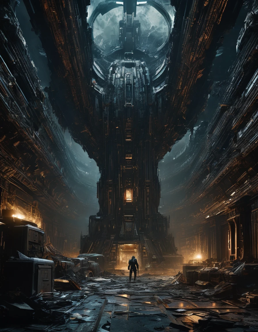 a famous space opera character in an epic battle, cinematic look:1.4, soothing tones, insane details, intricate details, hyperdetailed, poster, 50s, concept art, Bloody bodies around a strange broken monolith of panels and dark tech, this very large but very dark abandoned living room to turn the lights on safely but he’s worried about what looks like sharp Shattered Things objects, furniture or clutter that been there for years that he could hurt himself on or trip over.