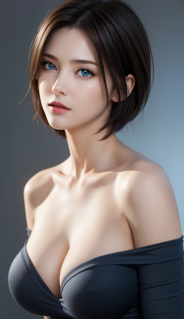 Skintight Top:1.2, View your viewers, Cinema Lighting, perfection, Soft Light, High Resolution Skins:1.2, Realistic skin texture, 30 year old mature woman、Small face、No makeup、 Off the shoulder,Bust G Cup、 Exposed cleavage, Large Breasts、blue eyes, short hair, Dark brown hair、Gray background、