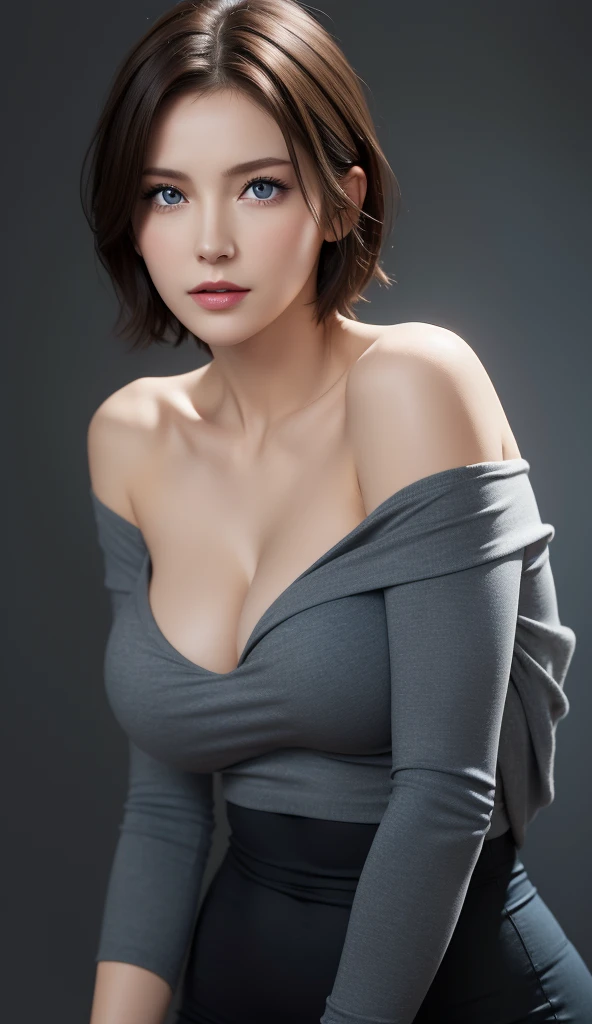 Skintight Top:1.2, View your viewers, Cinema Lighting, perfection, Soft Light, High Resolution Skins:1.2, Realistic skin texture, 30 year old mature woman、Small face、No makeup、 Off the shoulder,Bust G Cup、 Exposed cleavage, Large Breasts、blue eyes, short hair, Dark brown hair、Gray background、