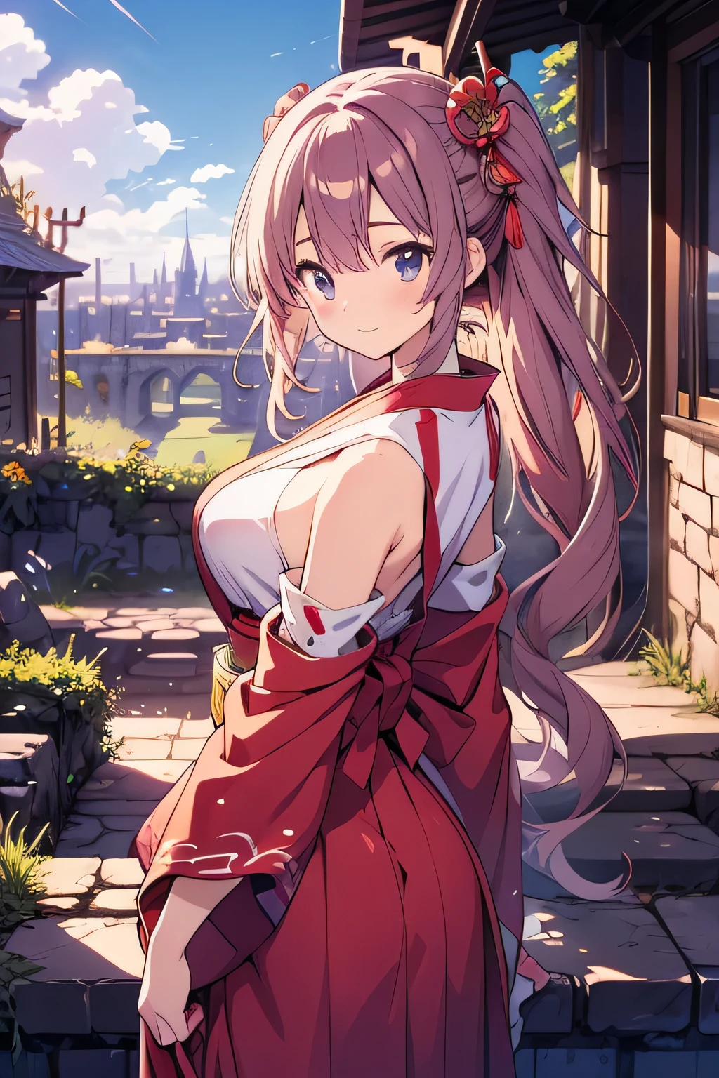 Anime illustration、Youth Manga Style、High resolution、Fantasy、Close-up of a person、A beautiful shrine maiden with a beautiful body explores a ruined fortress in the fresh breeze.、Perfect proportions