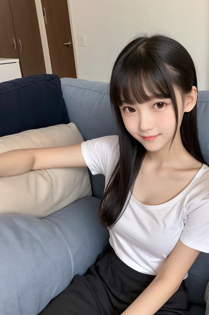 ,high school studete T-shirt,Culottes,Black Hair,bangs,ponytail,Straight hair,Dark Eyes,thin足,slender,Small face,Young Face,Clean your eyes,Small Mouth,thin,Young Face,Small breasts,Small breasts,Small breasts,Small breasts,Realistic photos,4K,Mouth slightly open,Ultra HD,whole body,Pure girl,whole body,,smile,8 heads,Low - Angle,living room,On the sofa,