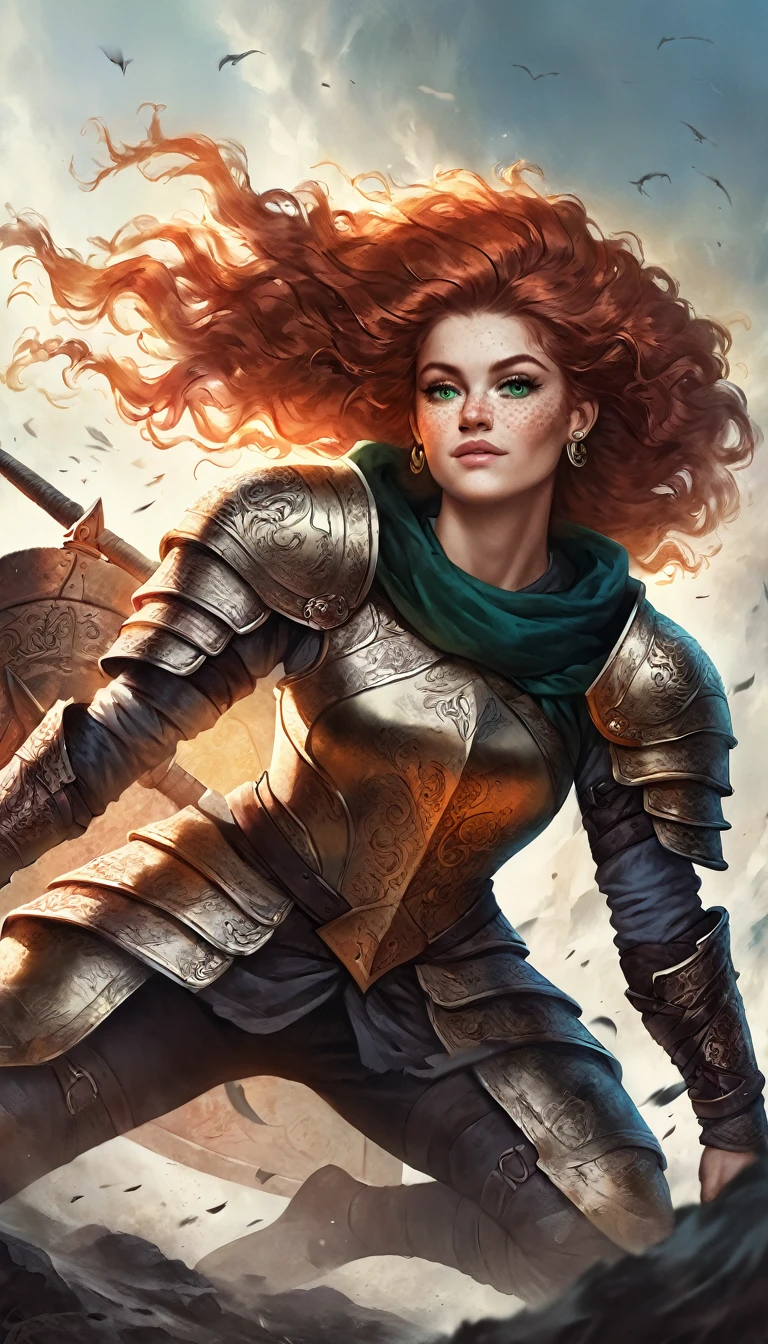 full body art of a single Human Caucasian Woman with long ginger hair, freckles, long eyelashes, vivid green eyes wearing a medieval gold plate armor with a green ragged cape, posing half kneeling and wielding a shield in front and warhammer at back, strong wind, asymmetrical hair, braided ponytail, strong musculature, strong arms, curly hair, hair between eyes, wavy hair, big hair, expressive hair, shiny hair, makeup, light smile, closed mouth, bright pupils, smiley, crescent earrings, 8k, super detail, best quality, accurate, highres, best quality, lateral side pov