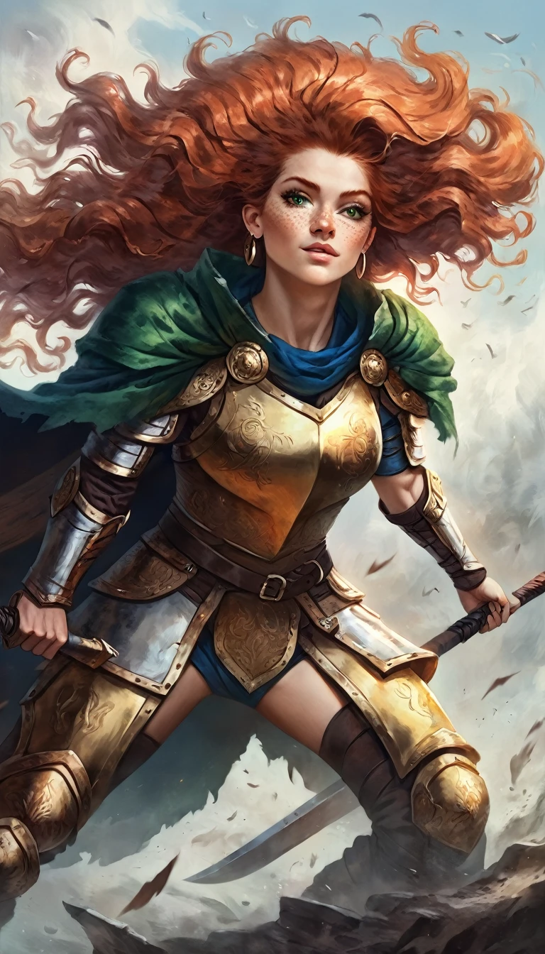 full body art of a single Human Caucasian Woman with long ginger hair, freckles, long eyelashes, vivid green eyes wearing a medieval gold plate armor with a green ragged cape, posing half kneeling and wielding a shield in front and warhammer at back, strong wind, asymmetrical hair, braided ponytail, strong musculature, strong arms, curly hair, hair between eyes, wavy hair, big hair, expressive hair, shiny hair, makeup, light smile, closed mouth, bright pupils, smiley, crescent earrings, 8k, super detail, best quality, accurate, highres, best quality, lateral side pov