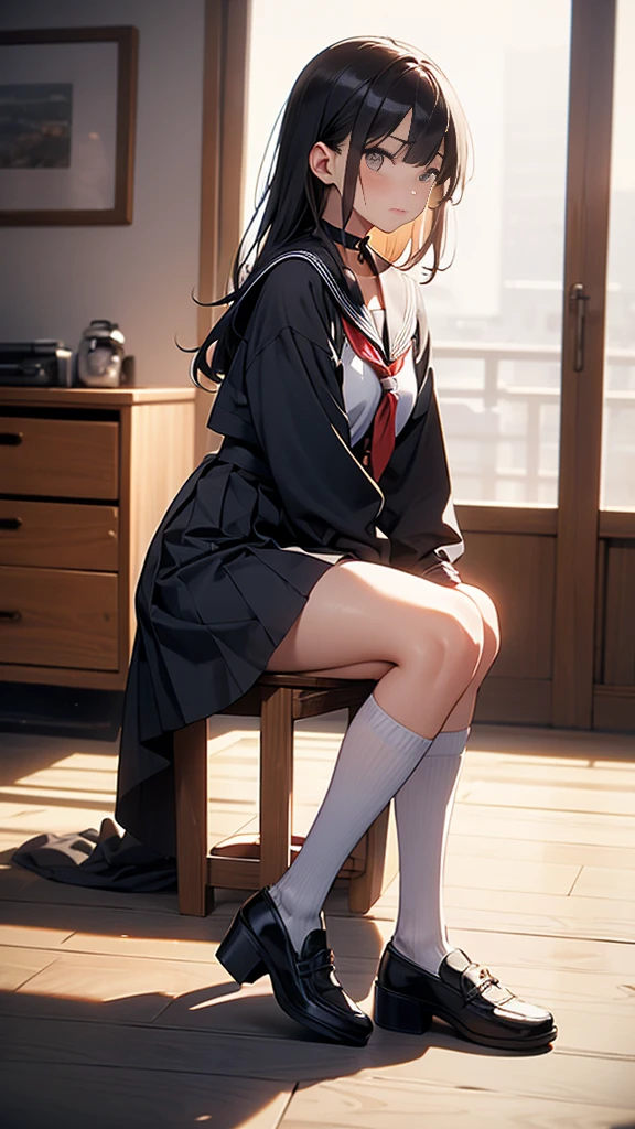 {{masterpiece}}, {{{Highest quality}}},{{Very detailed}},1girl,30years old,{Mature Woman}},{{Black long sleeve sailor suit:1.4}}full body,furrow one's brow ,{{one eye closed}},from side,{{all fours}},{{On all fours}Cowboy Shot,from side,{{Small breasts}},{{Female Fighter}},,Black knee-length pleated skirt clavicle Bare skin décolleté Knee-high socks Red Sailor Collar、Red fingerless gloves {{v-shaped eyebrows}},Bad mood,blush、Sweat、loafers Sukeban Fighter choker Black Hair Alley
