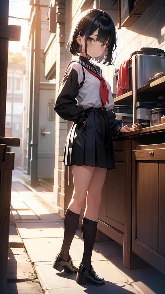 {{masterpiece}}, {{{Highest quality}}},{{Very detailed}},1girl,30years old,{Mature Woman}},{{Black long sleeve sailor suit:1.4}}full body,furrow one's brow ,{{one eye closed}},from side,{{all fours}},{{On all fours}Cowboy Shot,from side,{{Small breasts}},{{Female Fighter}},,Black knee-length pleated skirt clavicle Bare skin décolleté Knee-high socks Red Sailor Collar、Red fingerless gloves {{v-shaped eyebrows}},Bad mood,blush、Sweat、loafers Sukeban Fighter choker Black Hair Alley