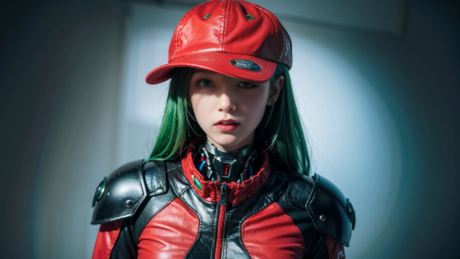 Cyborg red hat with green and red hair cybernetic eyes  