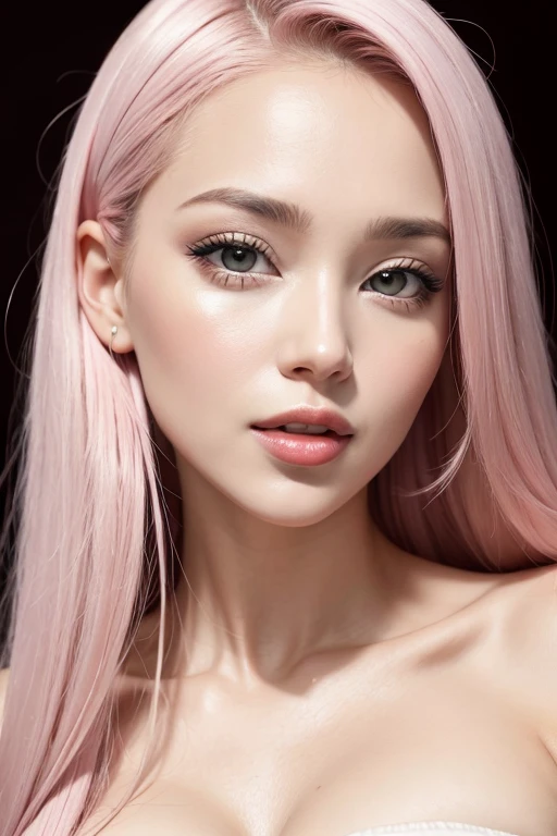 Face of a very beautiful woman with a very pretty pink mouth. the woman's hair is black. The woman's eyes are turquoise blue. The woman's mouth is a natural pink color. The image highlights the pink mouth