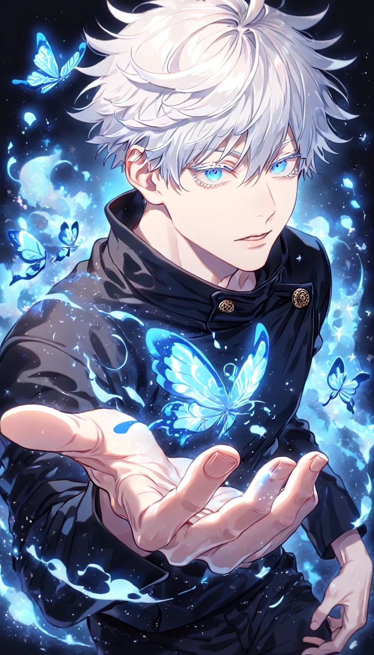 absurdres, highres, ultra detailed, HDR, master piece, best quality, extremely detailed face, delicated features, Gojou Satoru, white hair, expressive blue eyes, white eyelashes, Jujutsu Kaisen, solo, sexy man, handsome, Jujutsu black uniform, black pants, fantasy, magical, blue fire butterflies, fire flowers, blue fire, blue flames, blue shining moon, blue flames in the background