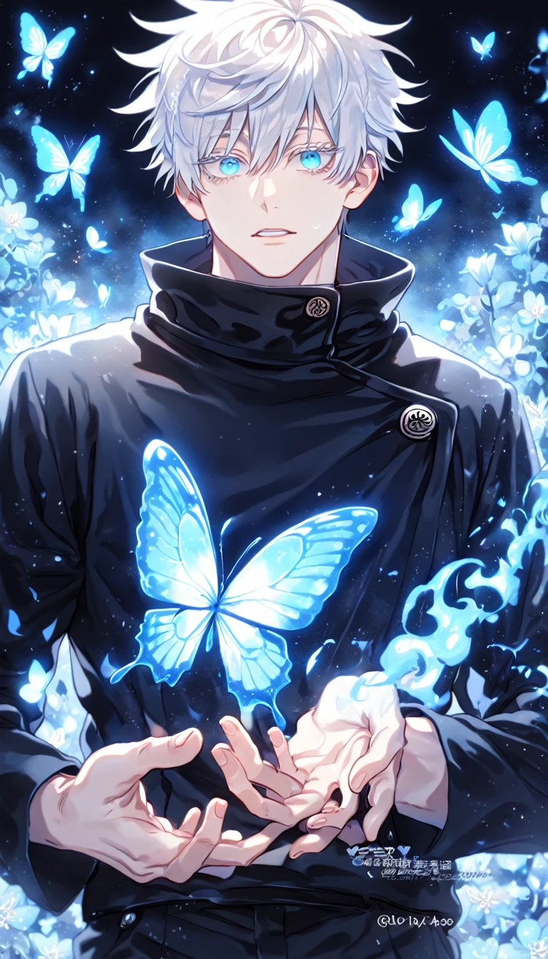 absurdres, highres, ultra detailed, HDR, master piece, best quality, Fushiguro Touji, black straight hair, expressive green eyes, Jujutsu Kaisen, solo, sexy man, handsome, toned chest, black leather coat, black tight shirt, blue butterflies, blue petals, blue flowers, magical, fantasy, blue background
