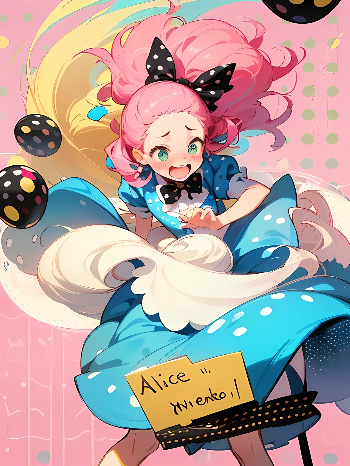 (Alice in Wonderland:1.3),(straight pink perm hair),big forehead,(A vibrant and lively background:1.2),(Pop and cute black polka dot pattern:1.45)),((You are the main character!:1.2)),((Beautiful images:1.15)),((high quality:1.15)),((Perfect graphics:1.15)),(((girl、Lady))),Big smile,(blush、Embarrassed laugh:1.25),(white、pink、cream、black、yellow)
