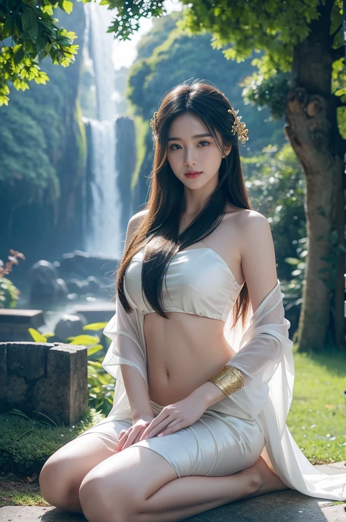 Light lines form shapes,fox, octane and unreal engine 5 rendering, bokeh dark forest grave background,4K resolution,Ancient Chinese Women,female god,The gods, 25 years old, Handsome and sexy,white silk gauze,Golden Angel Dress,Exquisite clothing styles,Beautiful real jade pendant, Barefoot,bare shoulders,Reveal your navel,Date and time,Under your feet there are clouds and mist., fly in the sky,fly in the sky,float,calm and indifferent, detailed body, detailed face, The body is greasy.,smile a little, A beautiful one, Exaggerated, Handsome and charming, Looks brave., long hair fluttering,ผมfloat,It has a long bang.,Incredible amount of hair,Hair flowing,Ambient light,Detailed sky background,Surrounded by clouds,Volumetric illumination,Cell shading,64k