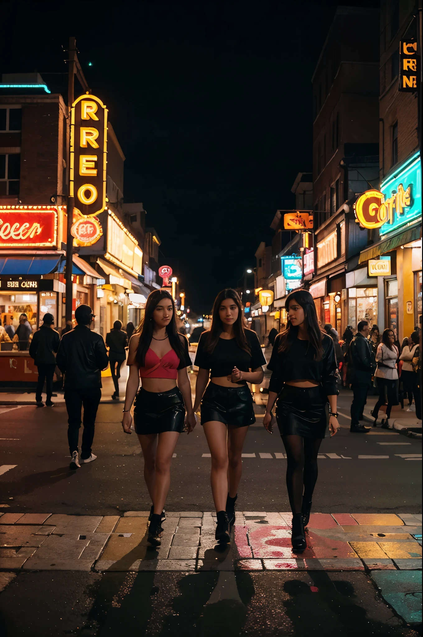 Create an image of a bustling city street at night. Neon lights in vibrant colors illuminate the surroundings, with people walking and cars driving by. Focus on a coffee shop with a glowing sign. The scene should be lively and dynamic, capturing the energy of the city.