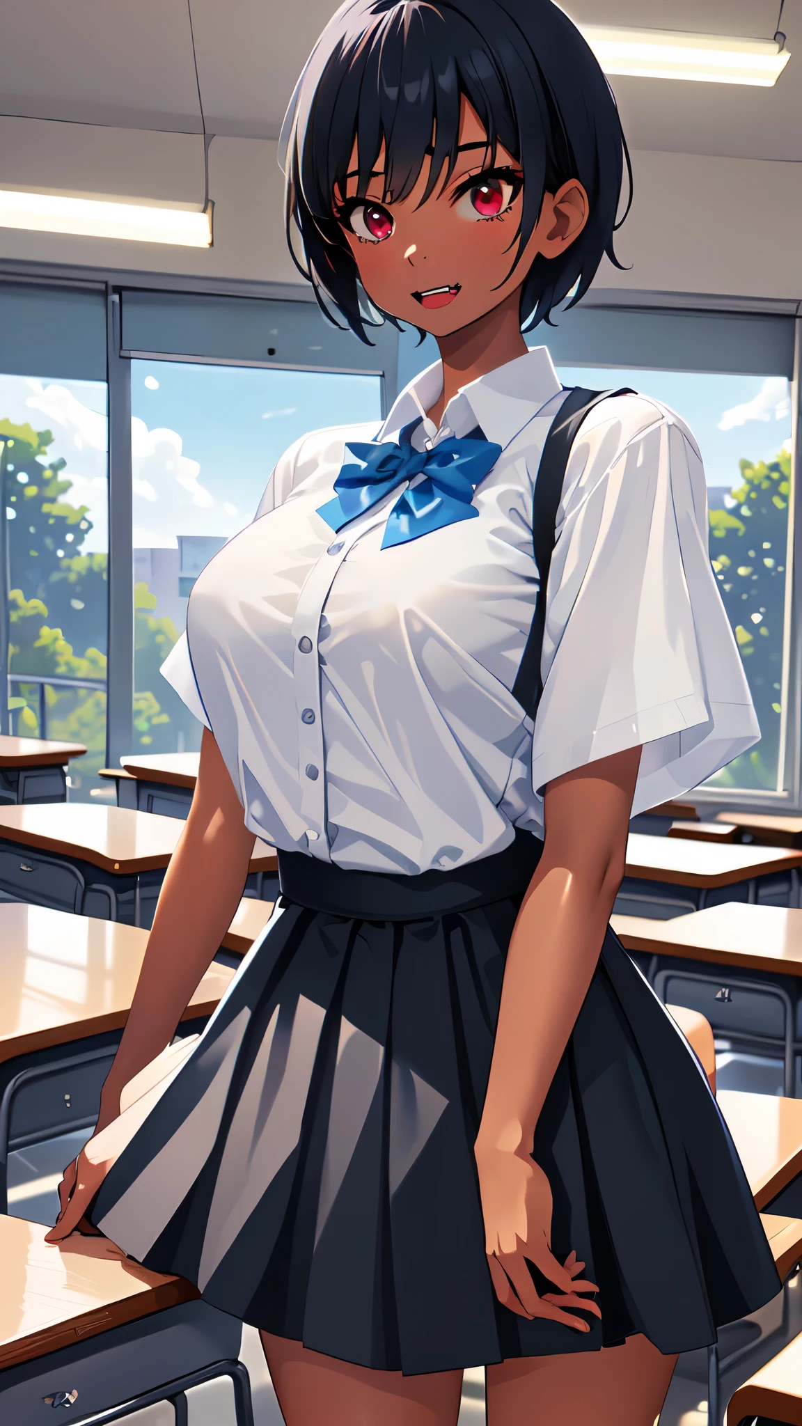 tomboyish high school girl, Dark skin , has neck-length black hair, red eyes, The 20-year-old has small fangs that match her loud and impulsive personality, She has an athletic and skinny appearance with large breasts wearing a Japanese  and at the same time wears a short black skirt with specs on the back of the skirt. . Context She is standing between two student desks and chairs in the classroom 