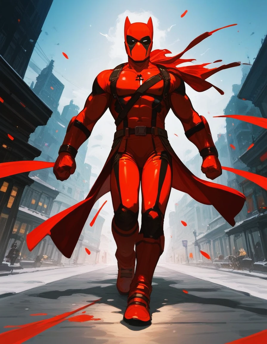 Wolverine dressed in his yellow comic costume and Deadpool in his red comic costume in anime version, walking