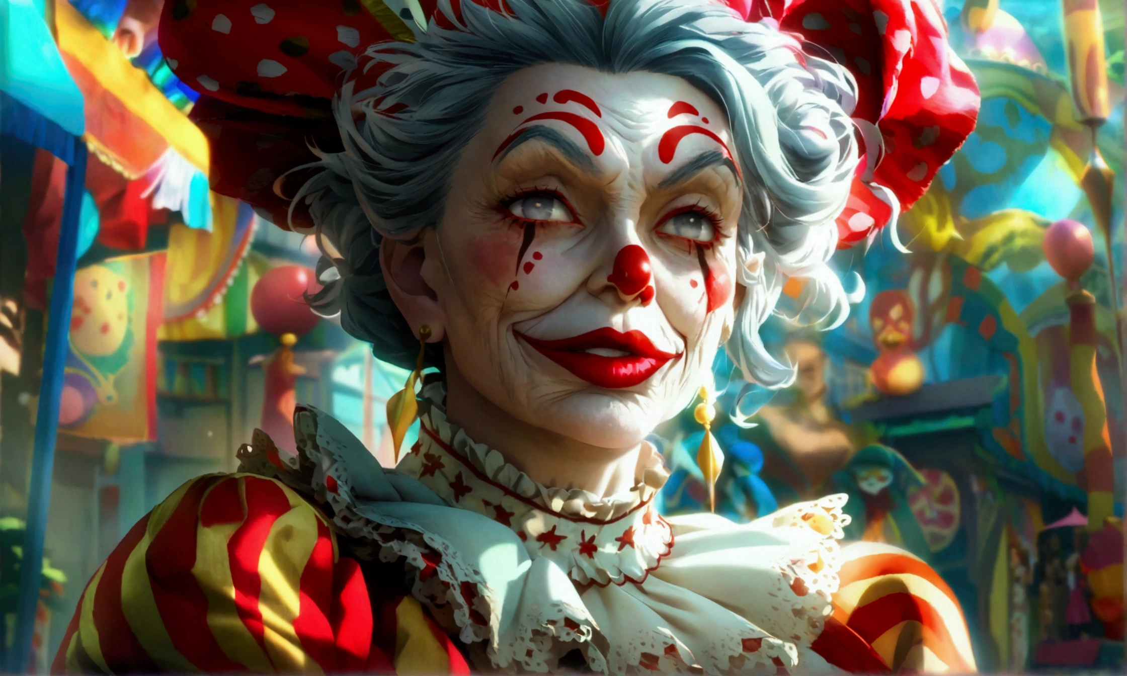 Old woman, clown makeup, vibrant gray hair, bright gray eyes, clown suit, arrogant look, psychopathic expression, bloody circus background, "Anime character design inspired by One Piece, full of dramatic and stunning lighting, focus on centralized character, impressive face, full of creative details, design 4K ultrafino, scenery bathed in creativity, boasting 2D anime resolution clarity, HD anime graphics, high-octane rendering"