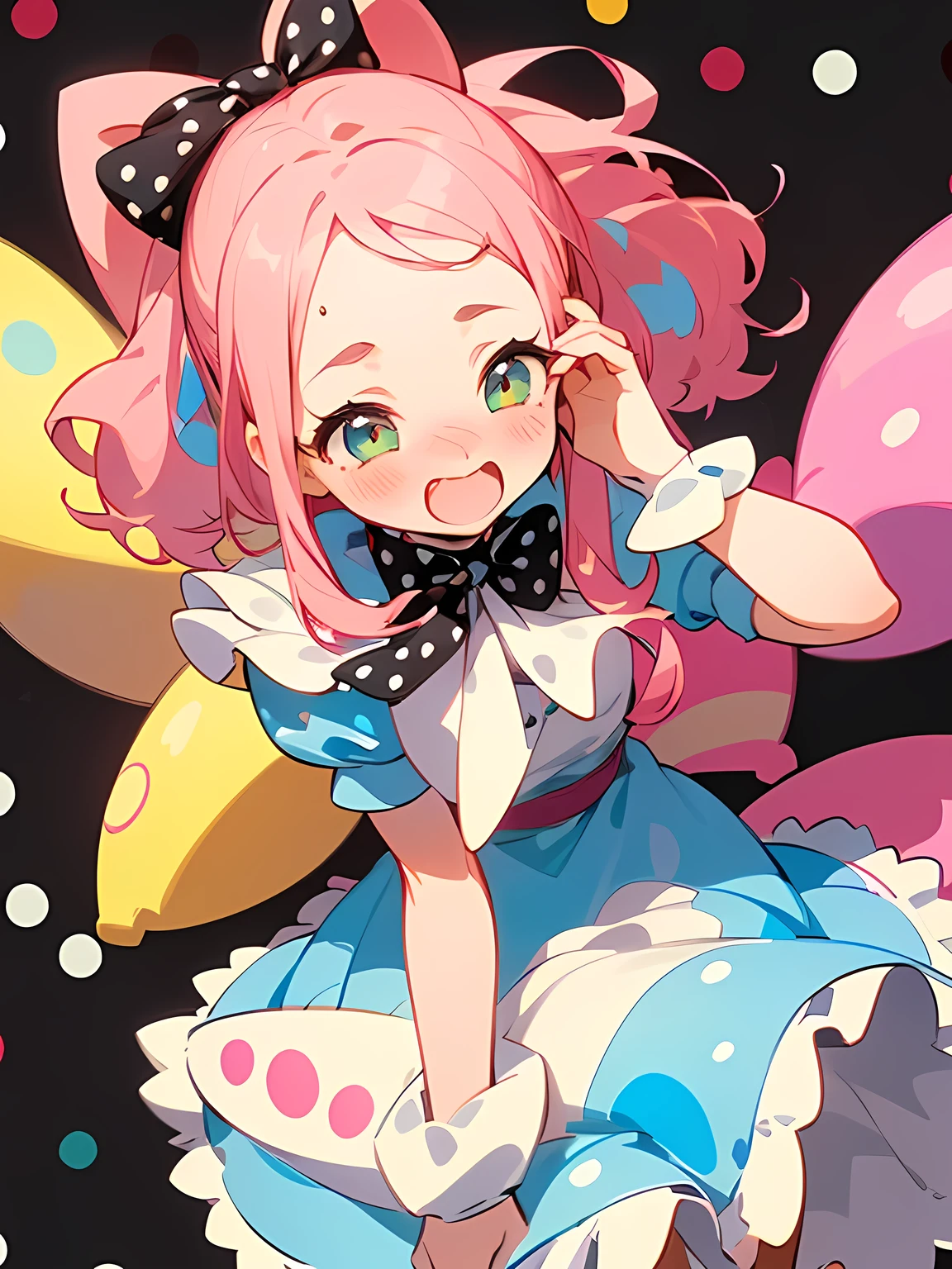 (Alice in Wonderland:1.3),(straight pink perm hair),big forehead,(A vibrant and lively background:1.2),(Pop and cute black polka dot pattern:1.45)),((You are the main character!:1.2)),((Beautiful images:1.15)),((high quality:1.15)),((Perfect graphics:1.15)),(((girl、Lady))),Big smile,(blush、Embarrassed laugh:1.25),(white、pink、cream、black、yellow)