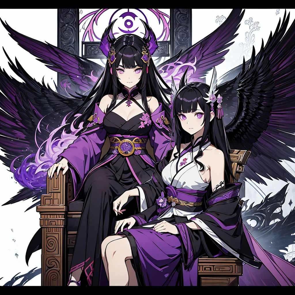 Mother of the Miko of the Dragon Clan., black hair, purple eyes, It has black and purple dragon wings., I'm sitting.