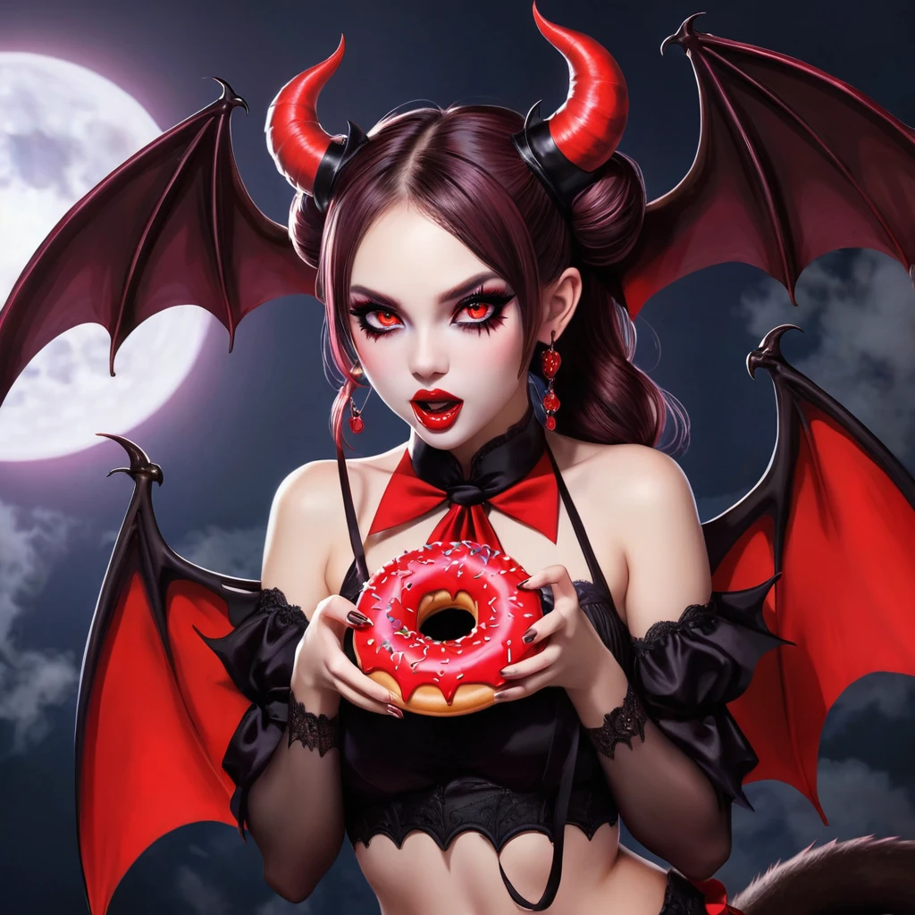 A female demon putting a donut in her mouth, Lilith, (whole body:1.5), (Beautiful and elaborate eyes glow red:1.4), (Large bat-like demon wings:1.4), (Tie your hair into two ponytails to create large bull horns),