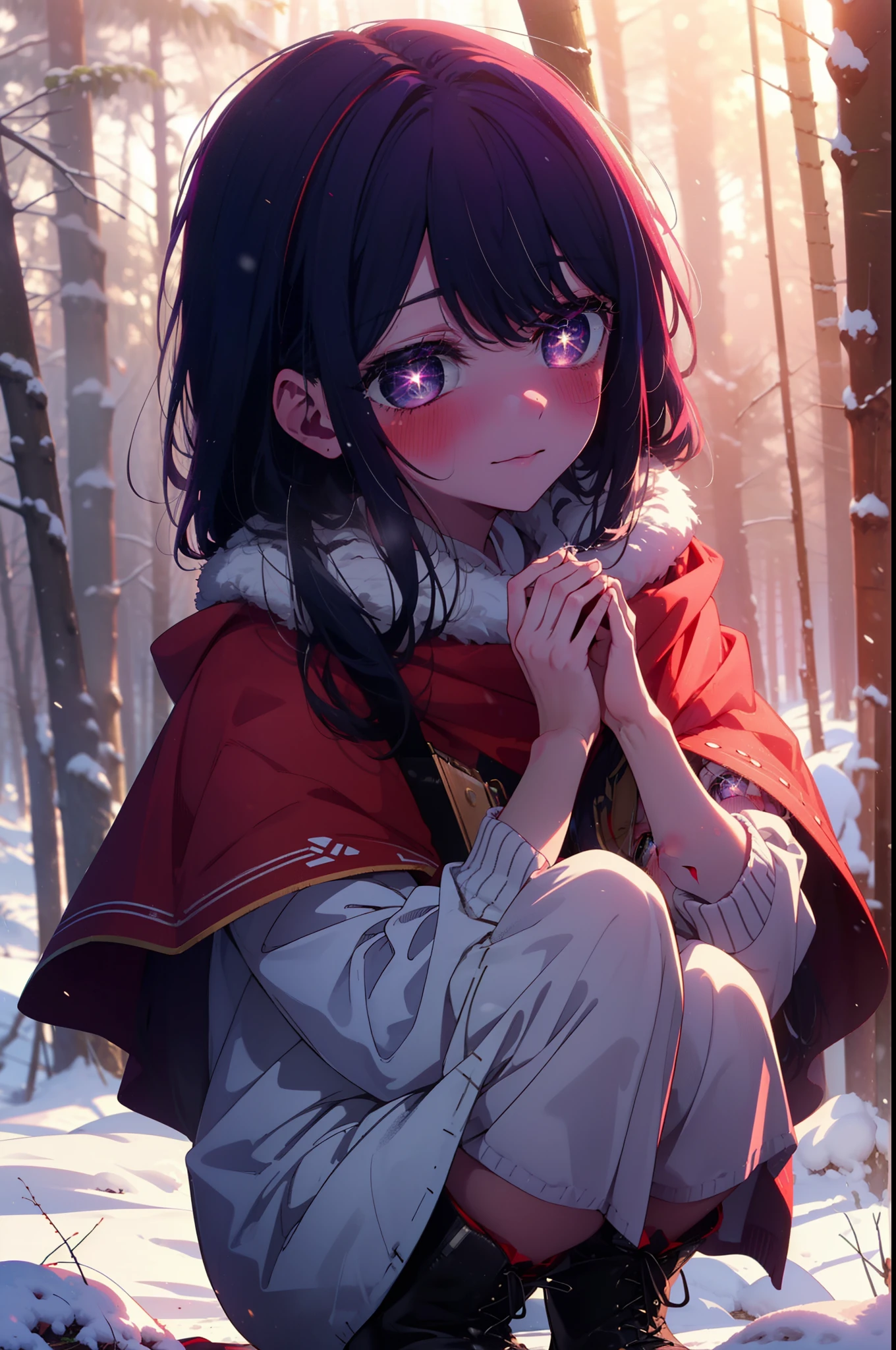 aihoshino, Ai Hoshino, Long Hair, bangs, (Purple eyes:1.1), Purple Hair, (Symbol-shaped pupil:1.5), smile,,smile,blush,white breath,
Open your mouth,snow,Ground bonfire, Outdoor, boots, snowing, From the side, wood, suitcase, Cape, Blurred, , forest, White handbag, nature,  Squat, Mouth closed, Cape, winter, Written boundary depth, Black shoes, red Cape break looking at viewer, Upper Body, whole body, break Outdoor, forest, nature, break (masterpiece:1.2), Highest quality, High resolution, unity 8k wallpaper, (shape:0.8), (Beautiful and beautiful eyes:1.6), Highly detailed face, Perfect lighting, Extremely detailed CG, (Perfect hands, Perfect Anatomy),