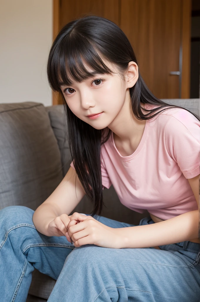 15 years old,high school student,Yellow T-shirt,Culottes,Black Hair,bangs,ponytail,Straight hair,Dark Eyes,thin足,slender,Small face,Young Face,Clean your eyes,Small Mouth,thin,Young Face,Small breasts,Small breasts,Small breasts,Small breasts,Realistic photos,4K,Mouth slightly open,Ultra HD,whole body,Pure girl,whole body,,Smile,8 heads,Low - Angle,living room,On the sofa,kiss,