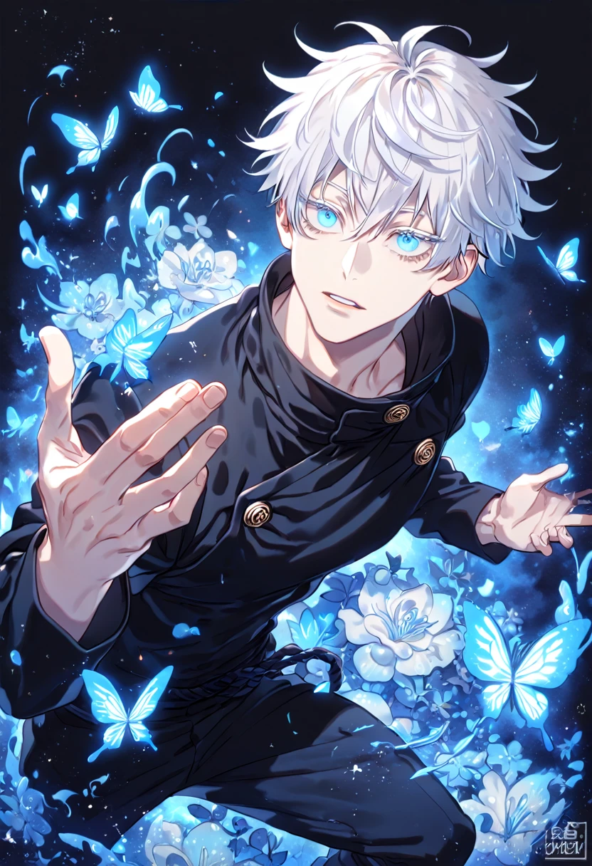 absurdres, highres, ultra detailed, HDR, master piece, best quality, extremely detailed face, delicated features, Gojou Satoru, white hair, expressive blue eyes, white eyelashes, Jujutsu Kaisen, solo, sexy man, handsome, Jujutsu black uniform, black pants, fantasy, magical, blue fire butterflies, fire flowers, blue fire, blue flames, blue shining moon, blue flames in the background