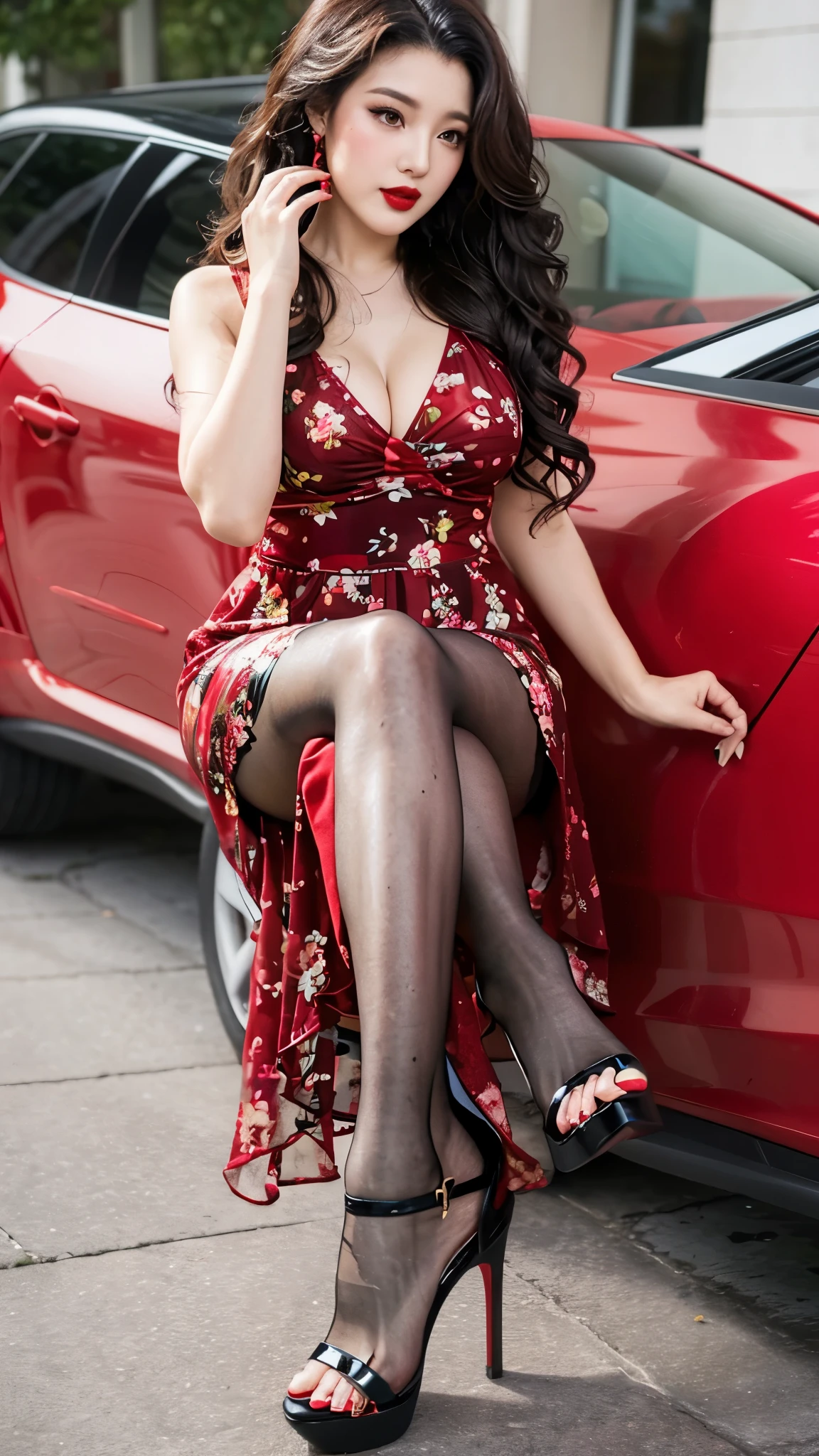 wavy curly hair，heavy makeup，red lips，floral dress，see-through pantyhose，Black stiletto heels