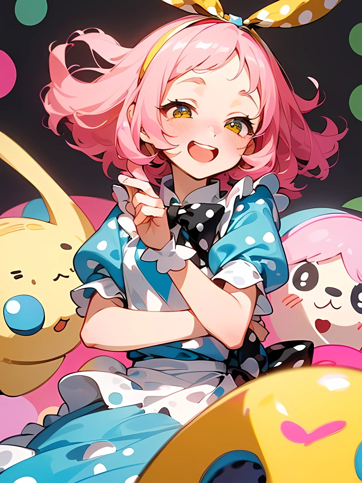 (Alice in Wonderland:1.3),(straight pink perm hair),big forehead,(A vibrant and lively background:1.2),(Pop and cute black polka dot pattern:1.45)),((You are the main character！:1.2)),((Beautiful images:1.15)),((high quality:1.15)),((Perfect graphics:1.15)),(((girl、Lady))),Big smile,(blush、Embarrassed laugh:1.25),(white、pink、cream、black、yellow)