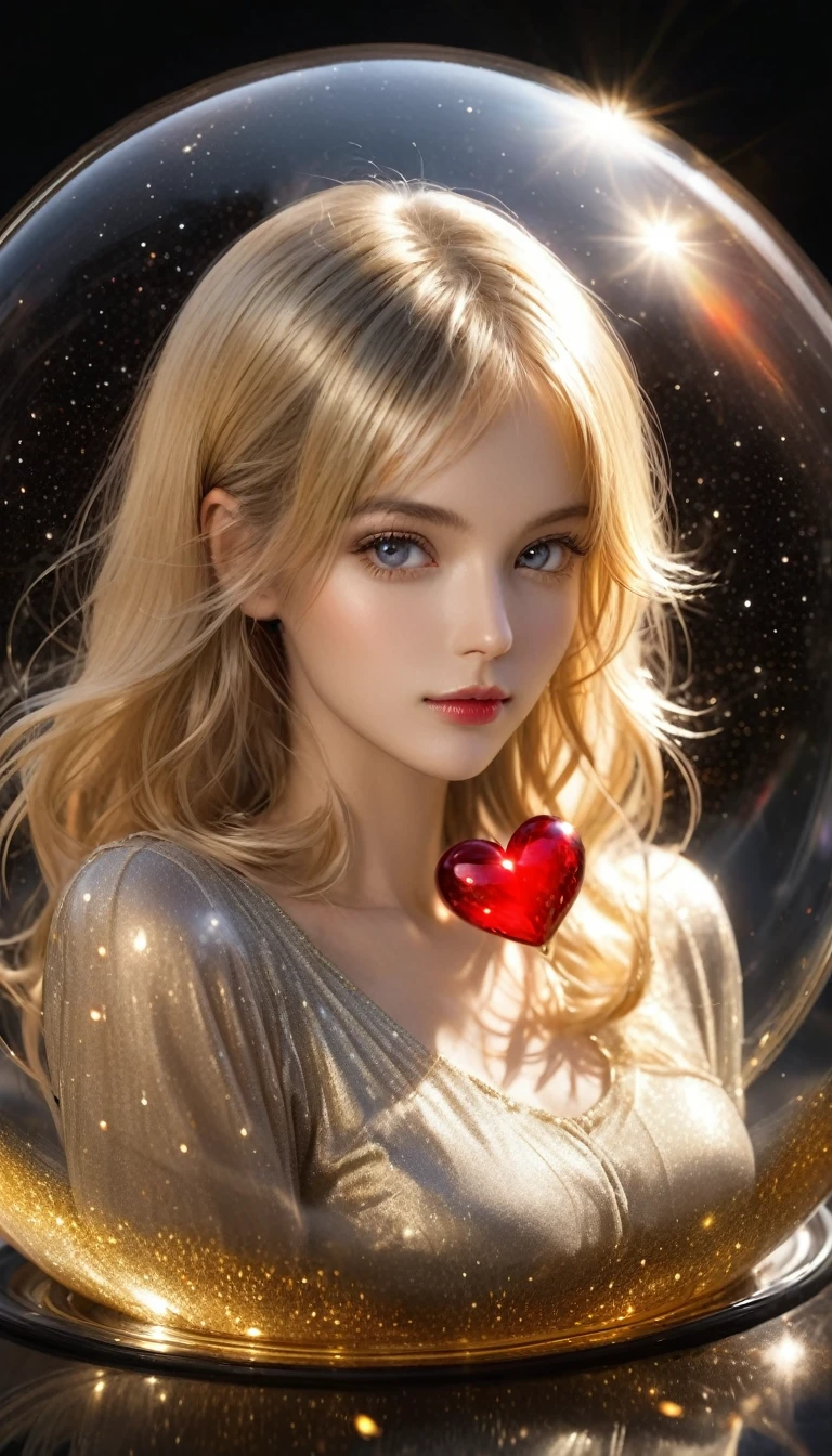 In a golden transparent glass bubble, Dark Star Background, Beautiful blonde 30 year old angel with a red heart, k resolution super detailed