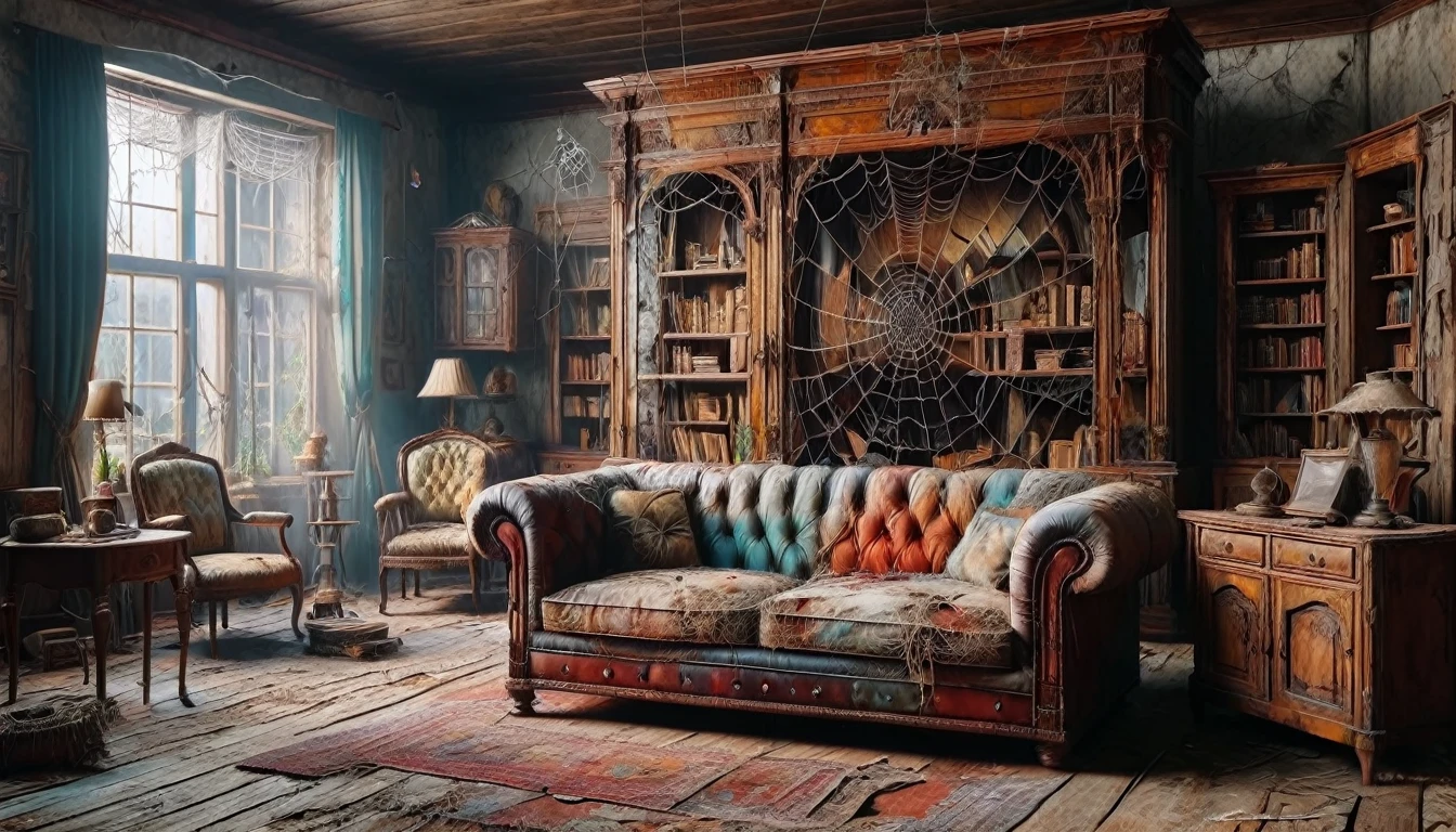 a realistic, high detailed photography of an old, rotten living room filled with antique furniture, ais-webz, ais-olde, spider webs all around the room, 4k, best quality, masterpiece, ultra-detailed, extremely detailed, photorealistic, sharp focus, physically-based rendering, vivid colors
